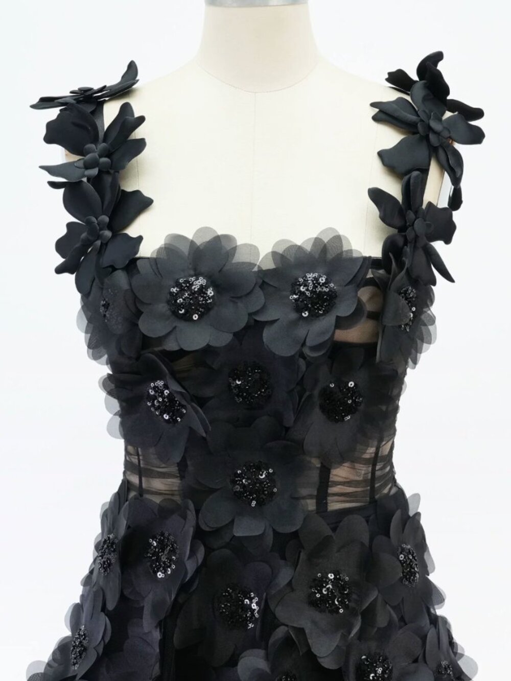 Bronx and Banco Rosalie Maxi Dress Gown Black Noir Floral-Appliqué Tulle - Picture 7 of 10